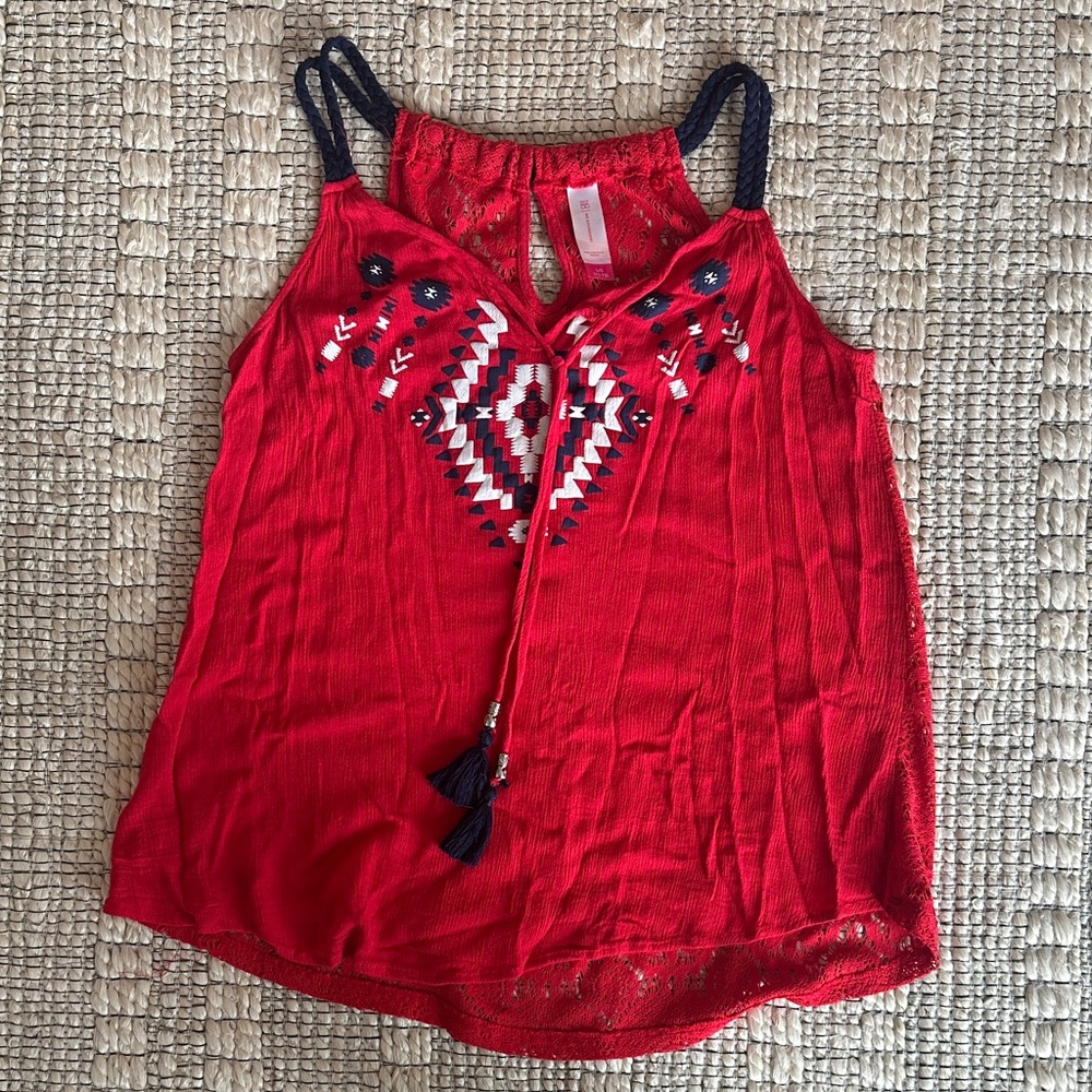 No Boundaries Red Embroidered Camisole with Navy Accents